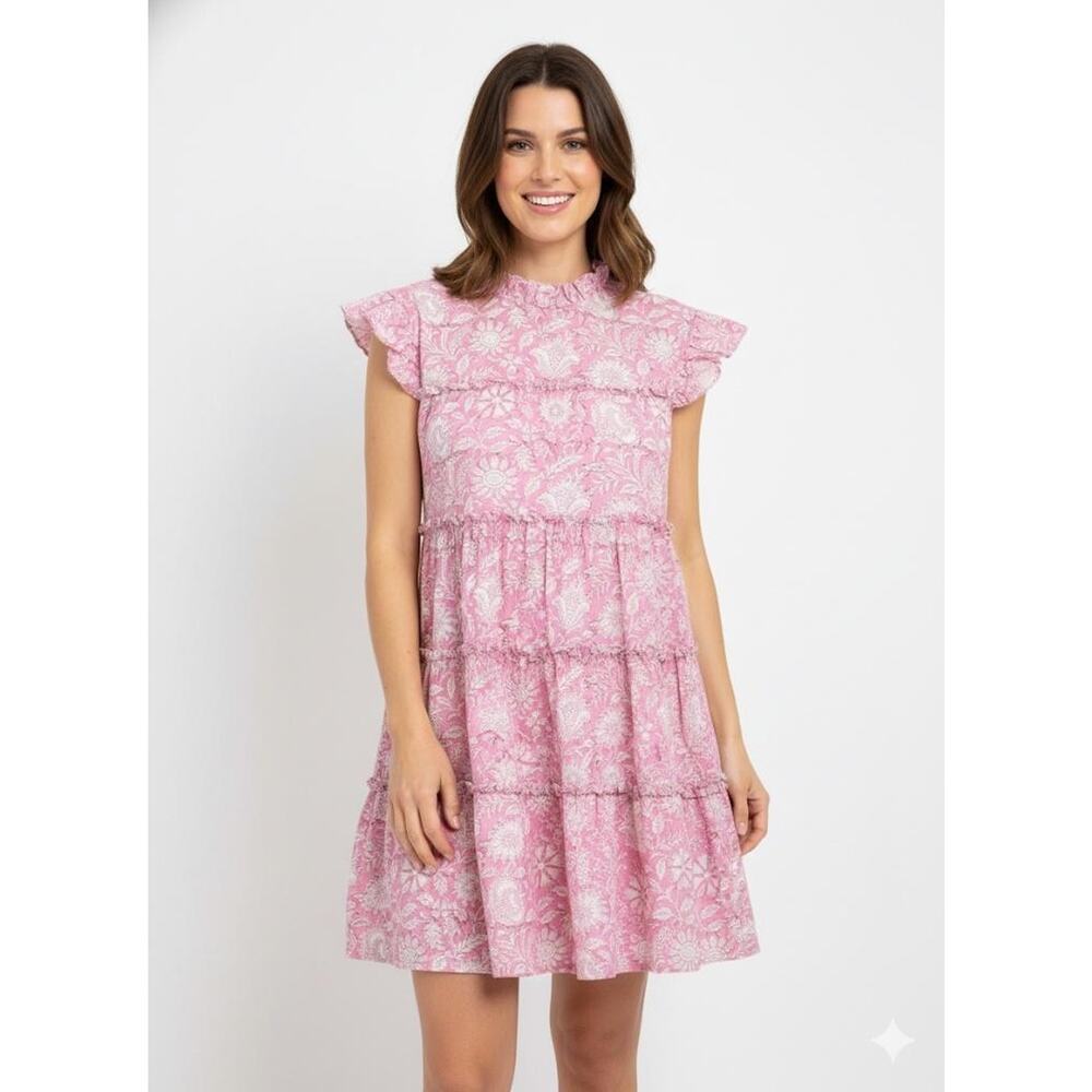 Hampton House Dress Womens Small Pink Floral Ruffle Tiered Swing Boho Mini